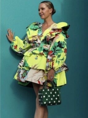 Christopher John Rogers Neon Yellow Floral Mini Dress